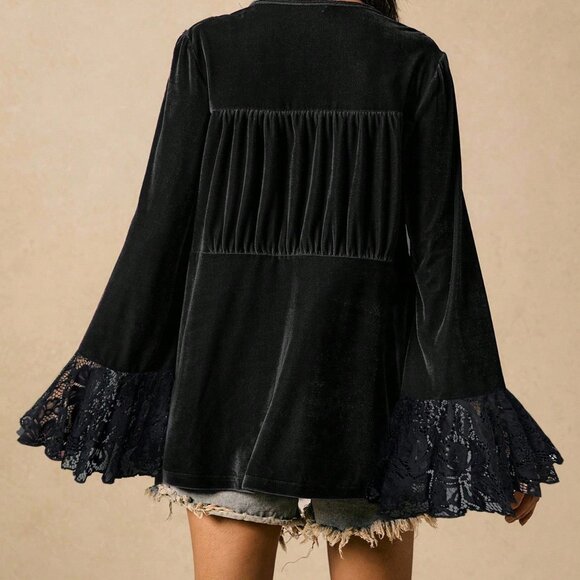 Black Boho Women's Nomadic V-Neck Tie-Up Blouse - Picture 2 of 6